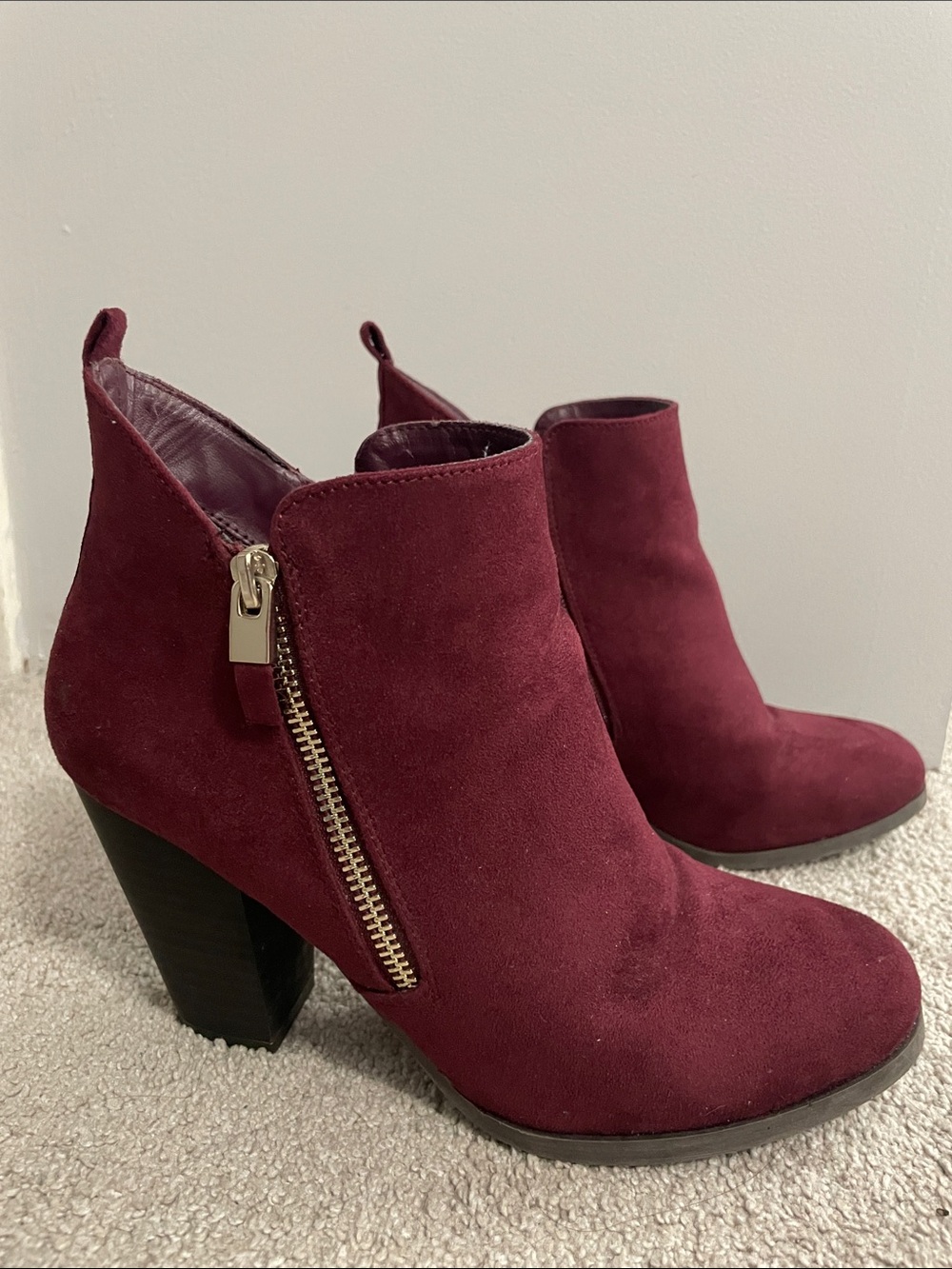 Call It Spring Burgundy Suede Ankle Booties with Gold Zip